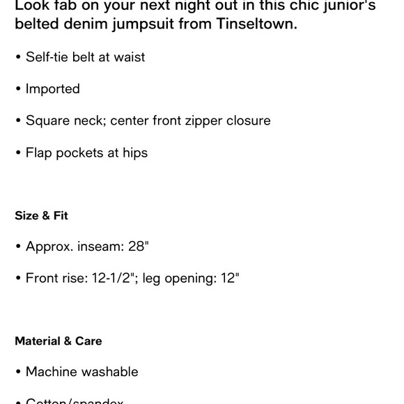 TINSEL TOWN JUNIOR’S BELTED CARGO DENIM JUMPSUIT SIZE: M - Picture 14 of 14